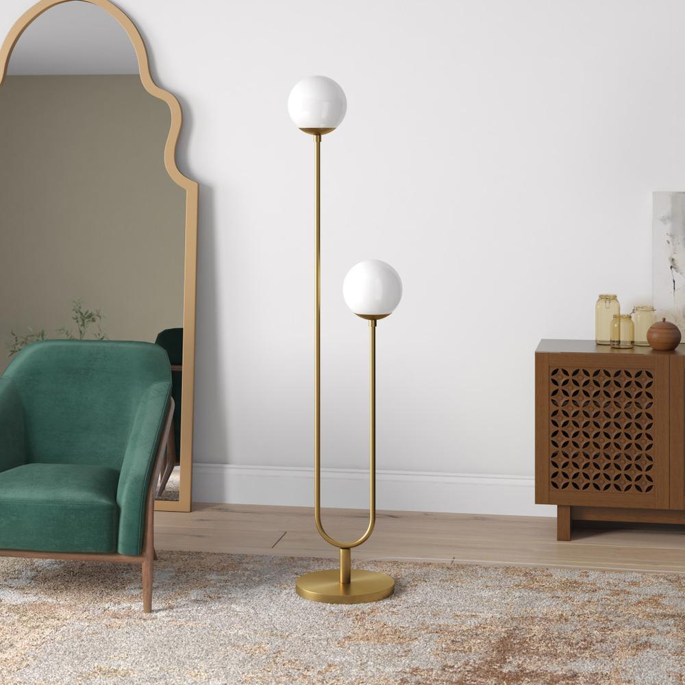 69" Brass Two Light Novelty Floor Lamp With White Frosted Glass Globe Shade. Picture 5