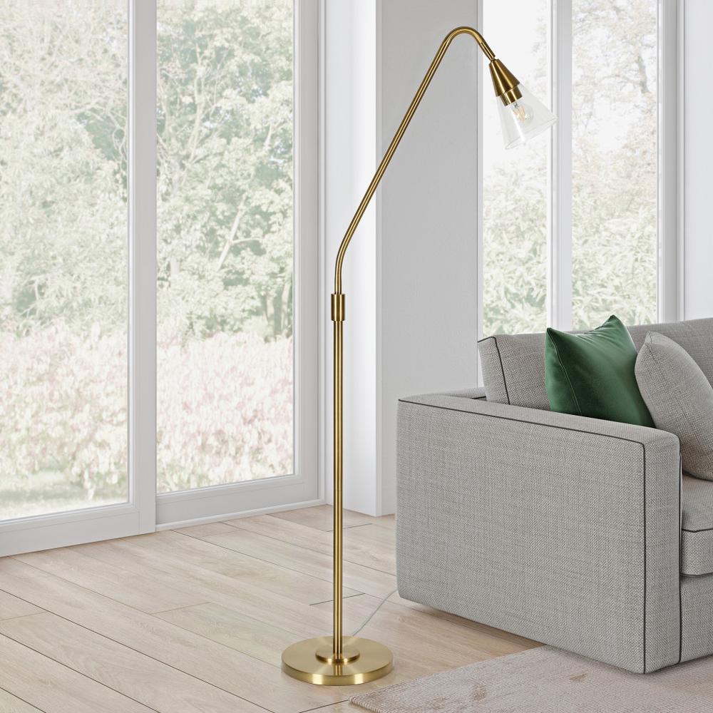 65" Brass Reading Floor Lamp With Clear Transparent Glass Dome Shade. Picture 6