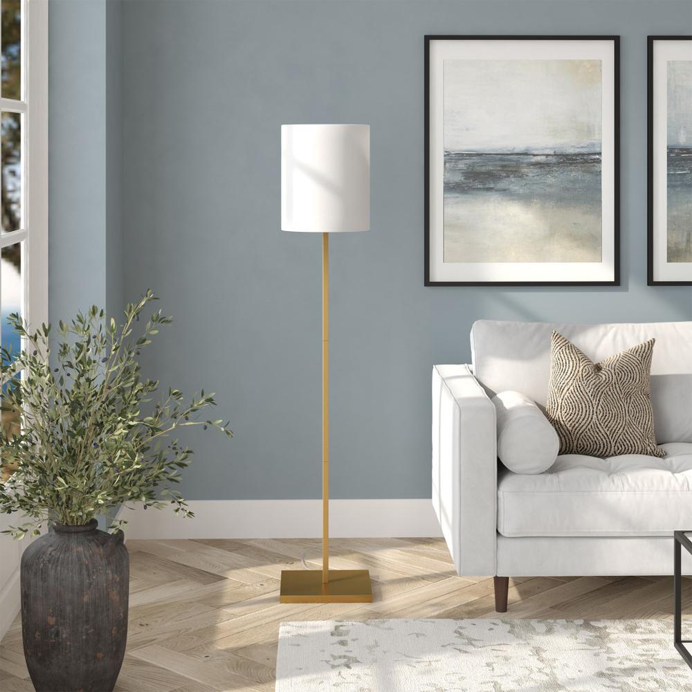 62" Brass Traditional Shaped Floor Lamp With White Frosted Glass Drum Shade. Picture 5