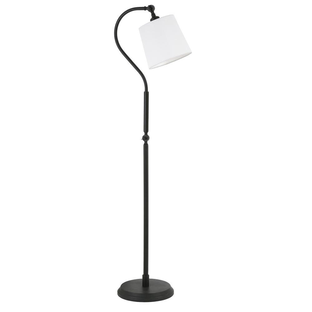 57" Black Arched Floor Lamp With White Frosted Glass Drum Shade. Picture 1