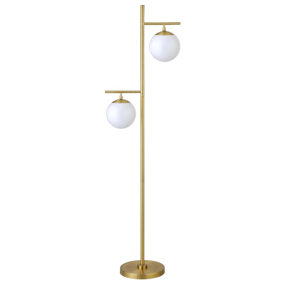 71" Brass Two Light Tree Floor Lamp With White Frosted Glass Globe Shade. Picture 1