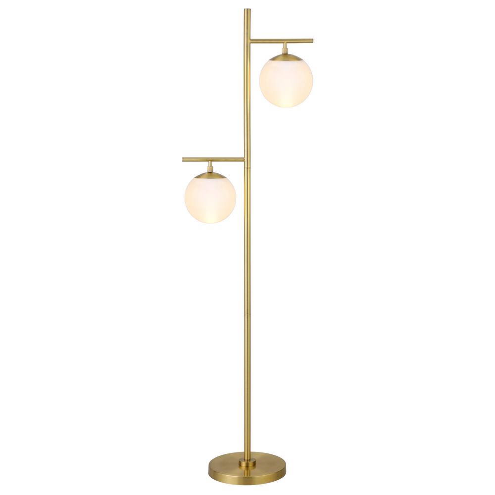 71" Brass Two Light Tree Floor Lamp With White Frosted Glass Globe Shade. Picture 2