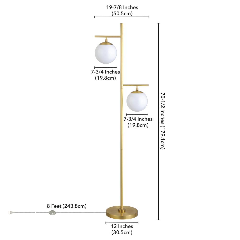 71" Brass Two Light Tree Floor Lamp With White Frosted Glass Globe Shade. Picture 7