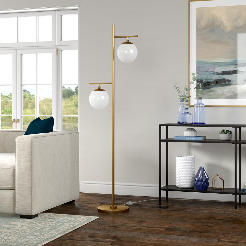 71" Brass Two Light Tree Floor Lamp With White Frosted Glass Globe Shade. Picture 5