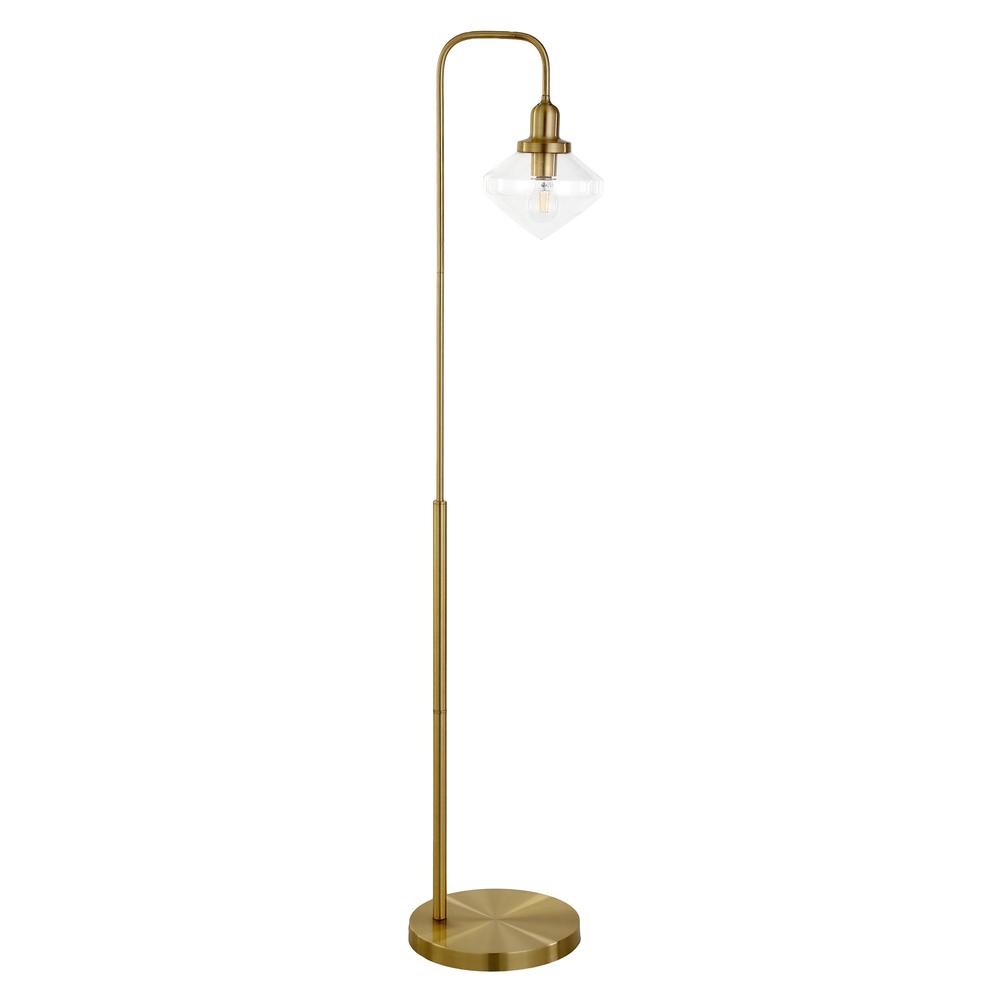 62" Brass Arched Floor Lamp With Clear Transparent Glass Shade. Picture 1