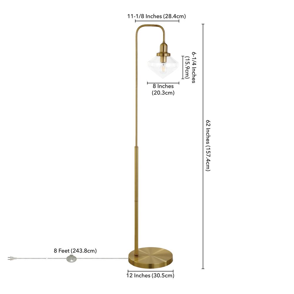 62" Brass Arched Floor Lamp With Clear Transparent Glass Shade. Picture 7