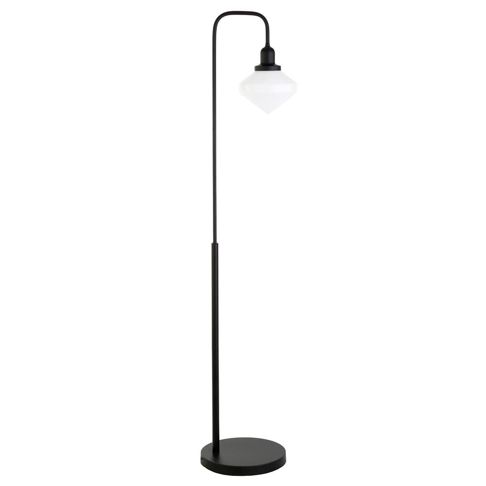 62" Black Arched Floor Lamp With White Frosted Glass Shade. Picture 1