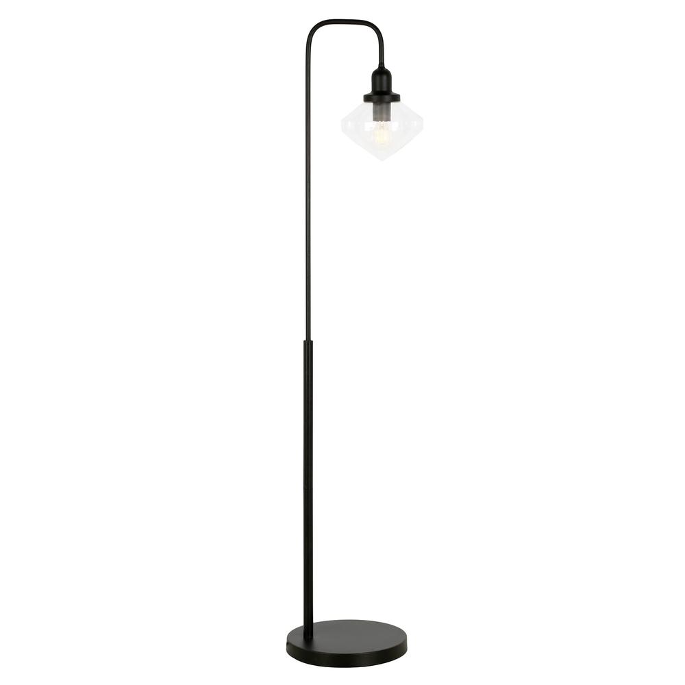 62" Black Arched Floor Lamp With Clear Transparent Glass Shade. Picture 1