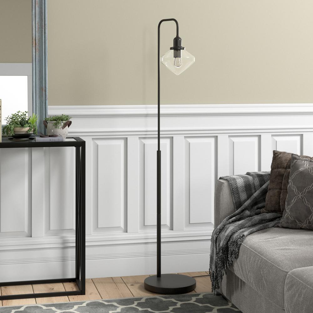 62" Black Arched Floor Lamp With Clear Transparent Glass Shade. Picture 5