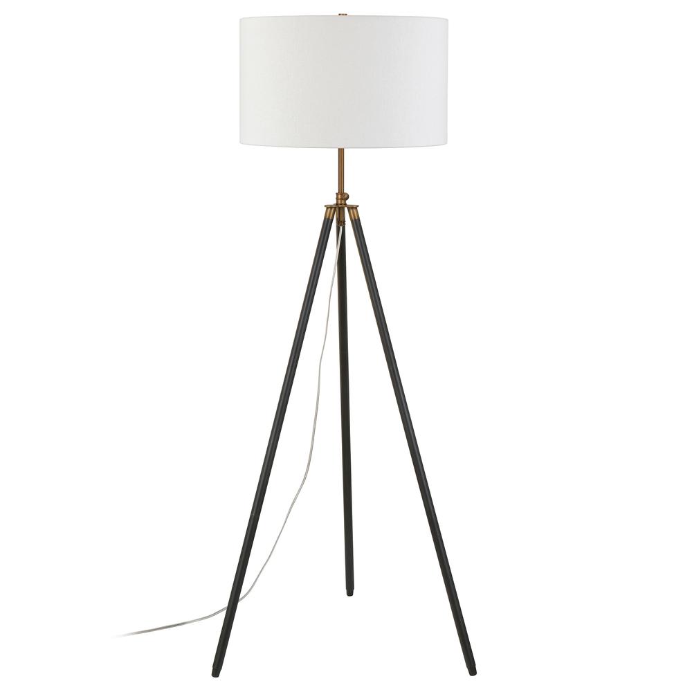 67" Black Tripod Floor Lamp With White Frosted Glass Drum Shade. Picture 1