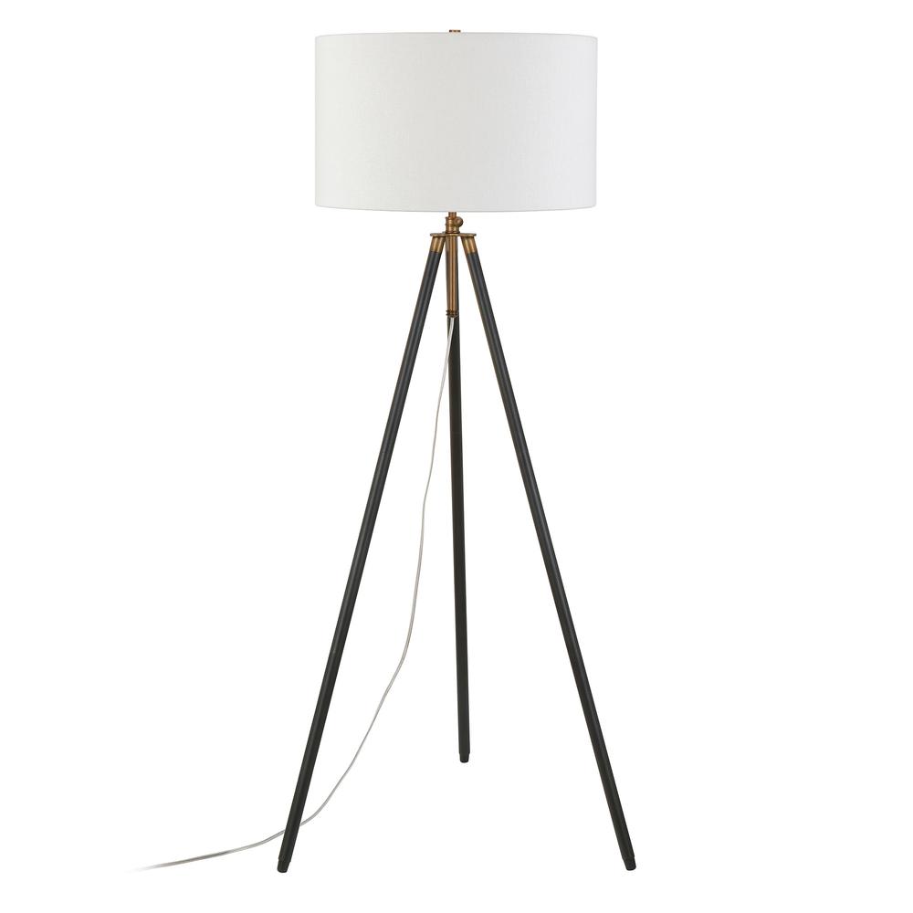 67" Black Tripod Floor Lamp With White Frosted Glass Drum Shade. Picture 2