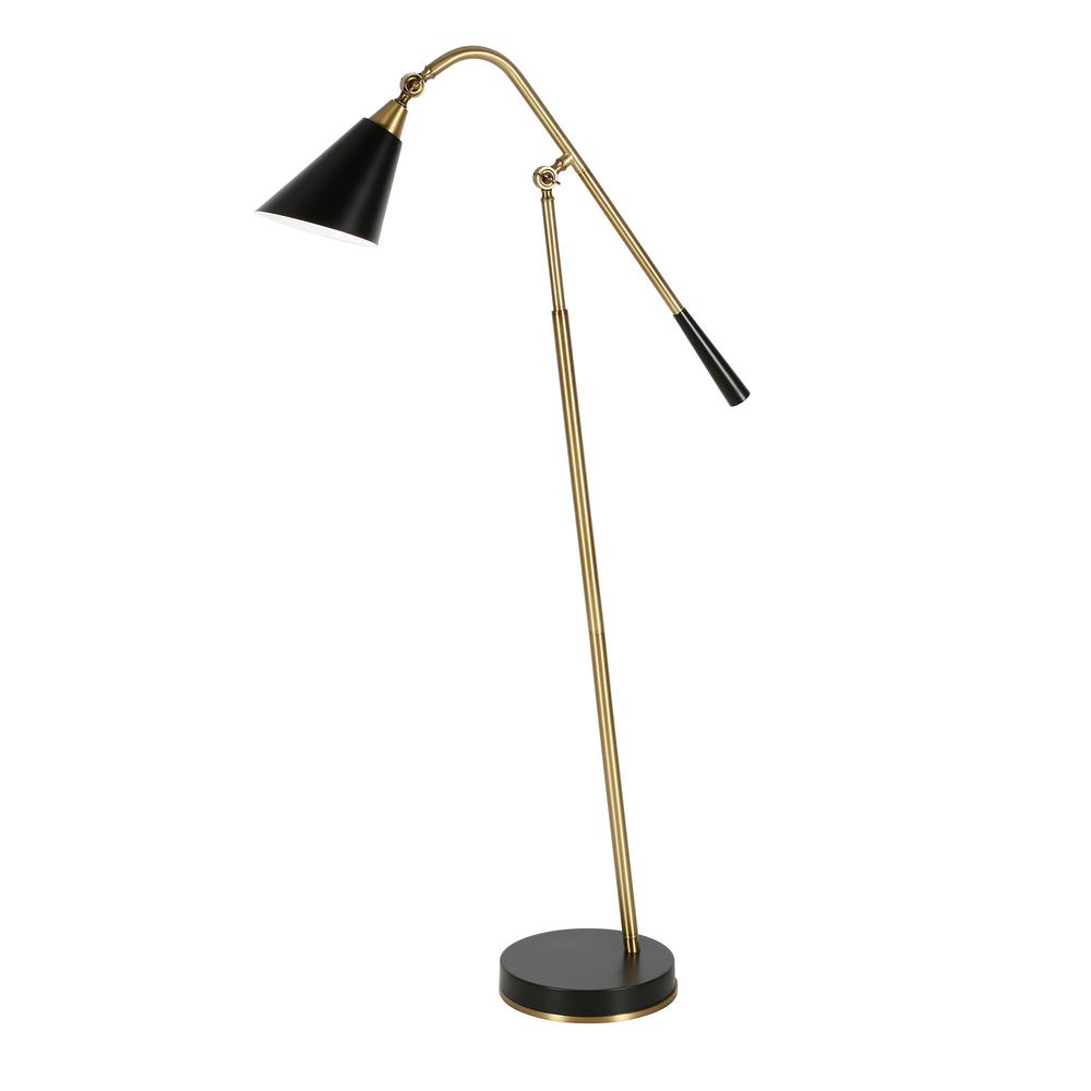 52" Black Swing Arm Floor Lamp With Black Cone Shade. Picture 1