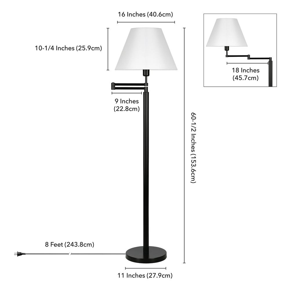 62" Black Swing Arm Floor Lamp With White Frosted Glass Empire Shade. Picture 7