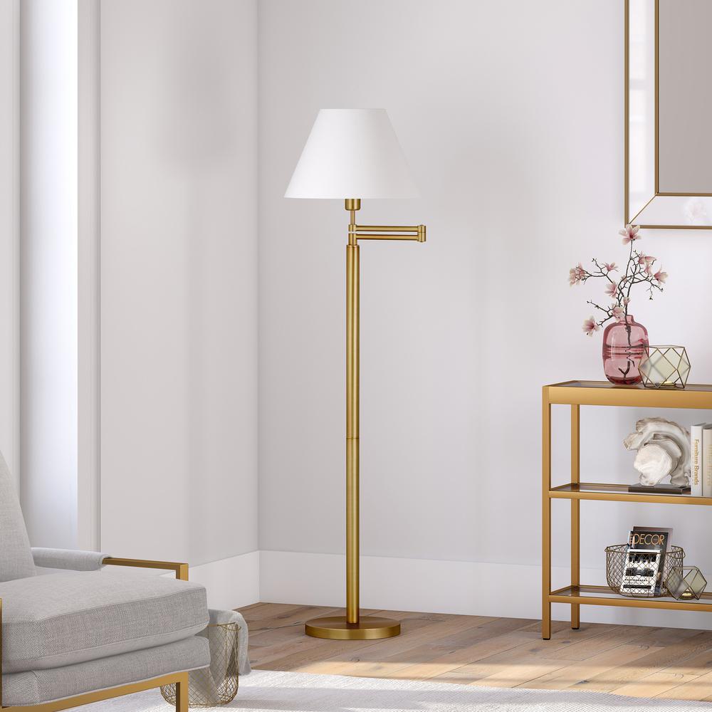 62" Brass Swing Arm Floor Lamp With White Frosted Glass Empire Shade. Picture 6