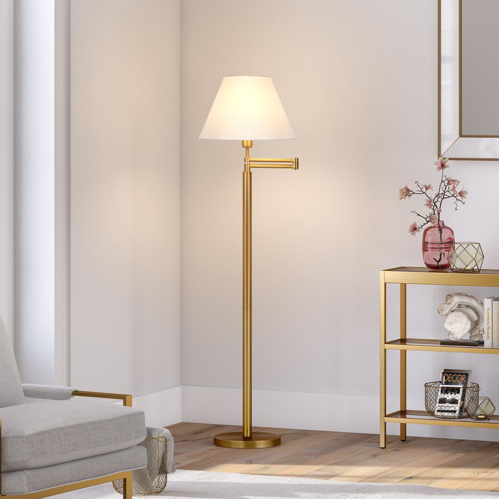 62" Brass Swing Arm Floor Lamp With White Frosted Glass Empire Shade. Picture 7
