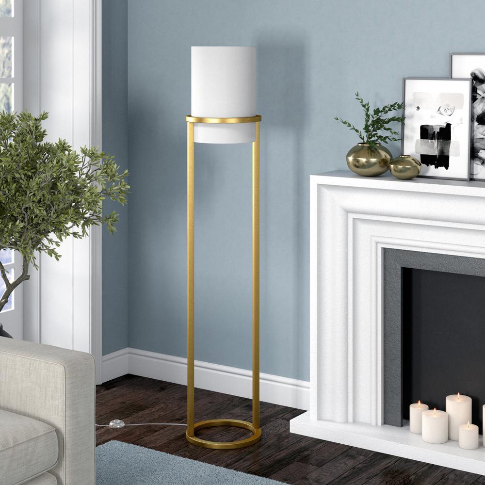 62" Brass Column Floor Lamp With White Frosted Glass Drum Shade. Picture 5