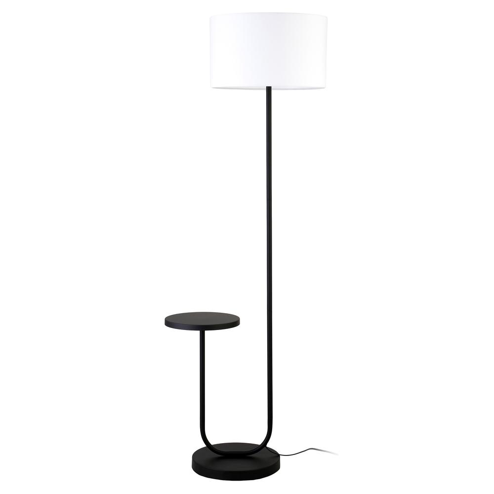 66" Black Tray Table Floor Lamp With White No Pattern Frosted Glass Drum Shade. Picture 1