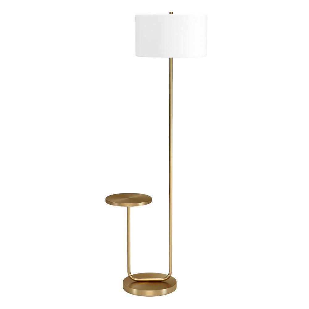 66" Brass Tray Table Floor Lamp With White No Pattern Frosted Glass Drum Shade. Picture 1