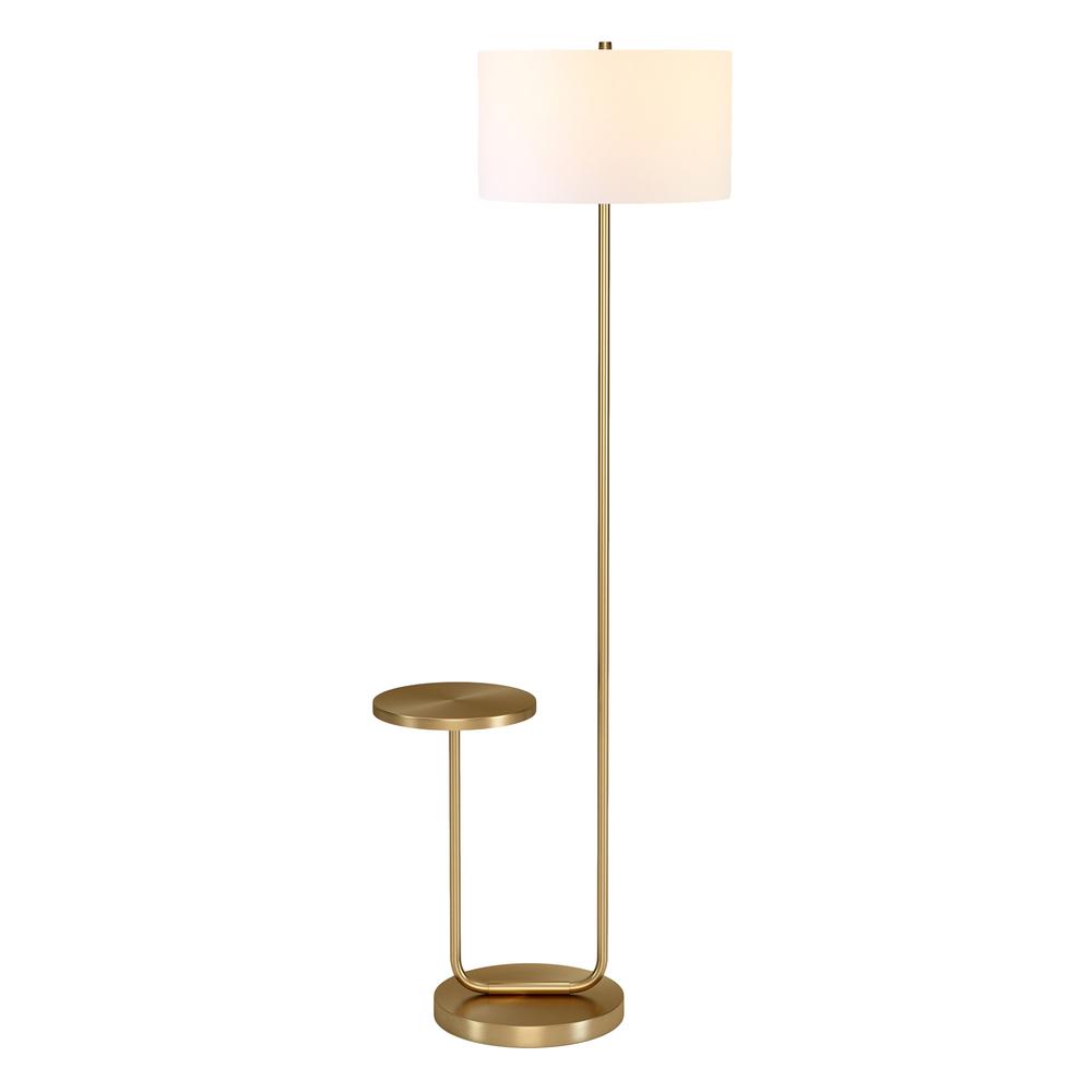 66" Brass Tray Table Floor Lamp With White No Pattern Frosted Glass Drum Shade. Picture 2