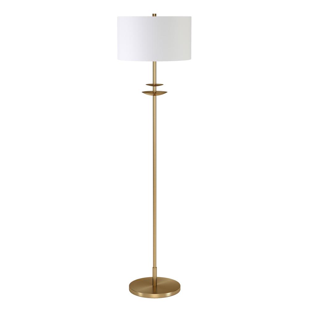 63" Brass Traditional Shaped Floor Lamp With White Frosted Glass Drum Shade. Picture 1