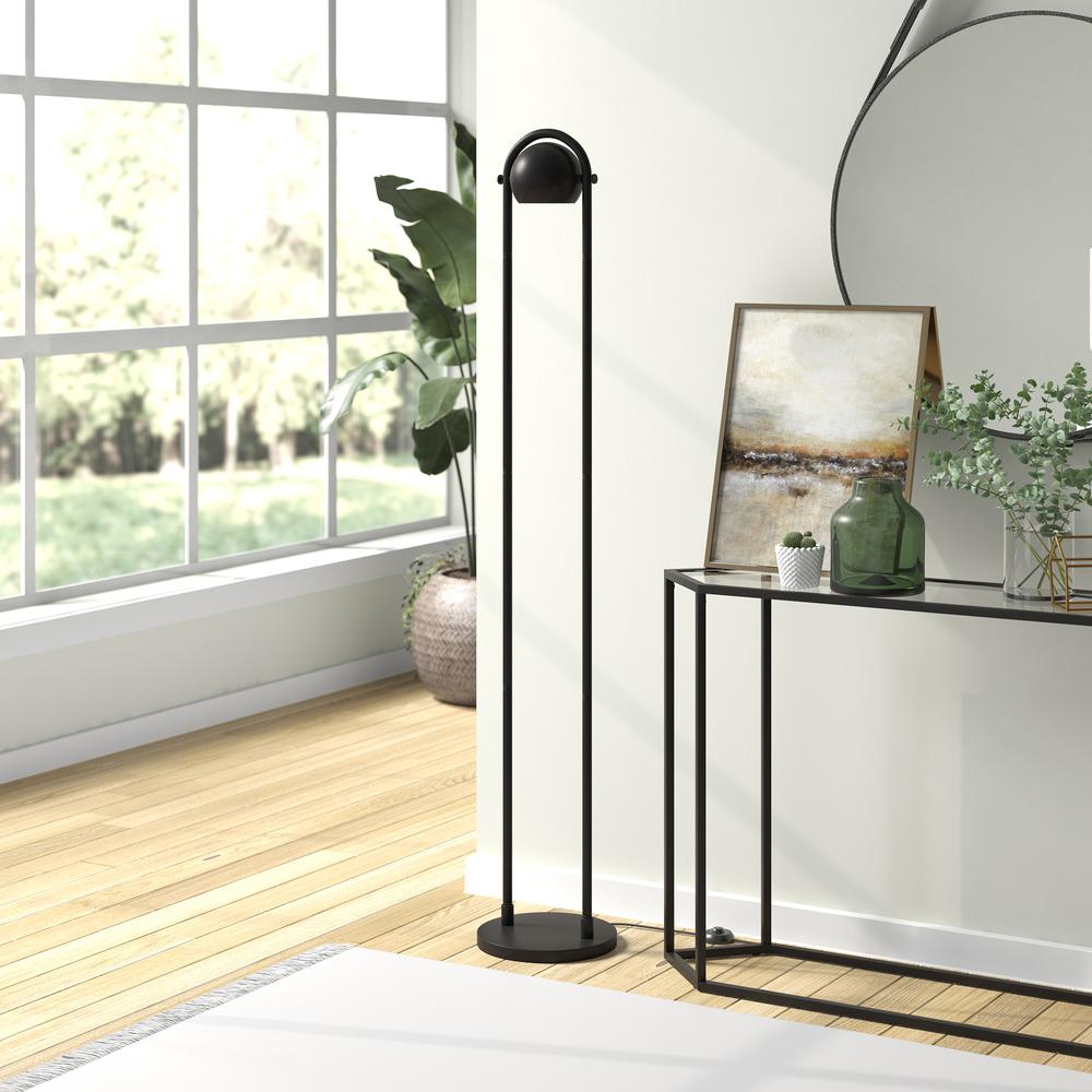 64" Black Column Floor Lamp With Black Globe Shade. Picture 5