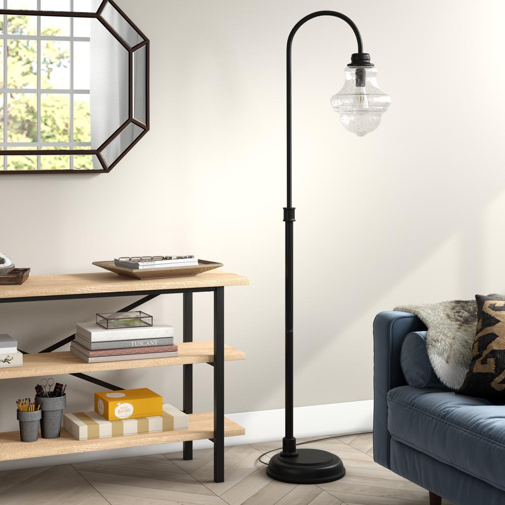 70" Black Arched Floor Lamp With Clear Seeded Glass Empire Shade. Picture 6