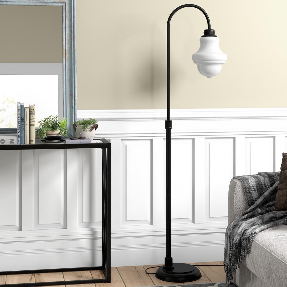 70" Black Arched Floor Lamp With White Frosted Glass Empire Shade. Picture 5