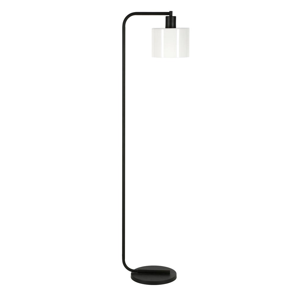 57" Black Arched Floor Lamp With White Frosted Glass Drum Shade. Picture 1