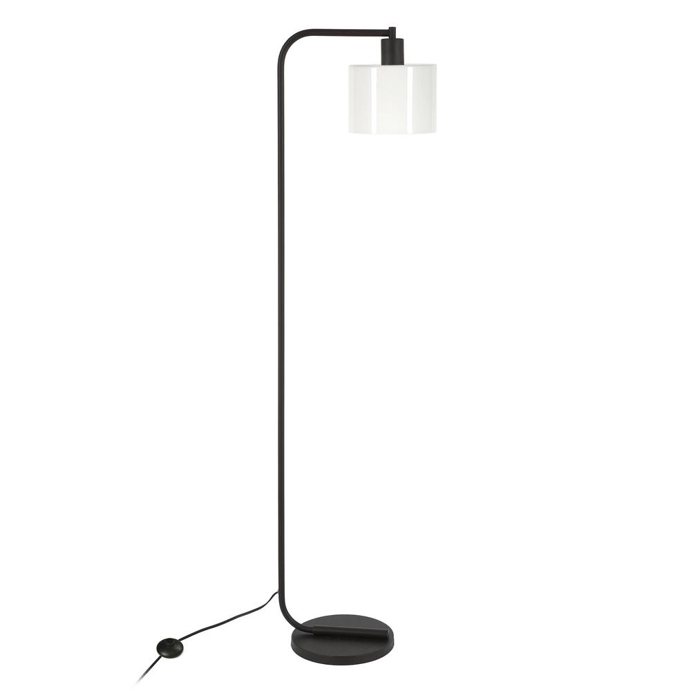 57" Black Arched Floor Lamp With White Frosted Glass Drum Shade. Picture 2