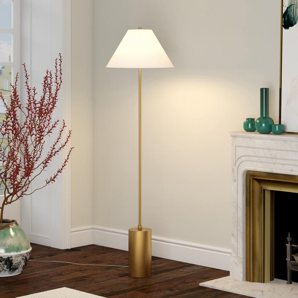 64" Brass Traditional Shaped Floor Lamp With White Frosted Glass Empire Shade. Picture 6