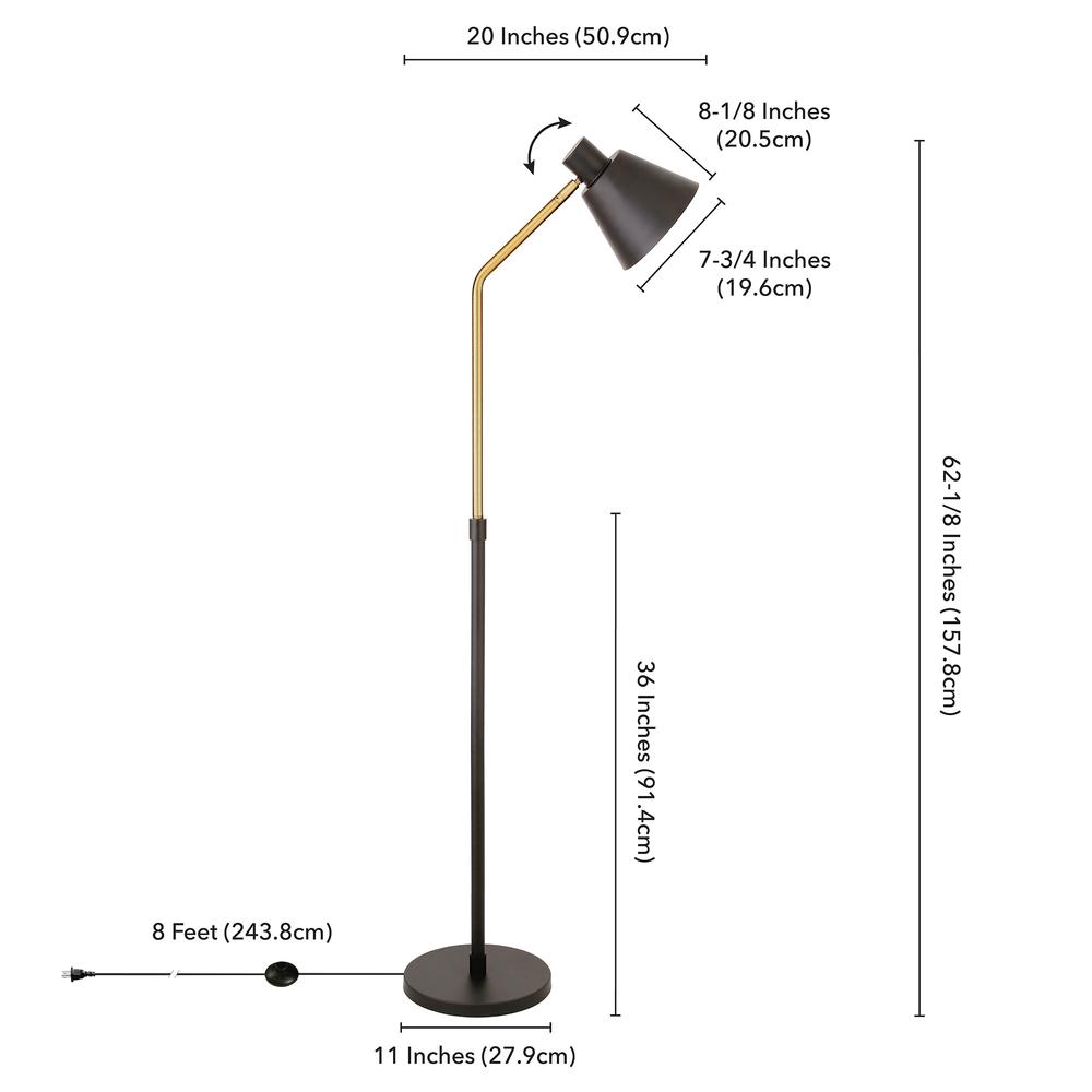 63" Black Reading Floor Lamp With Black Cone Shade. Picture 7