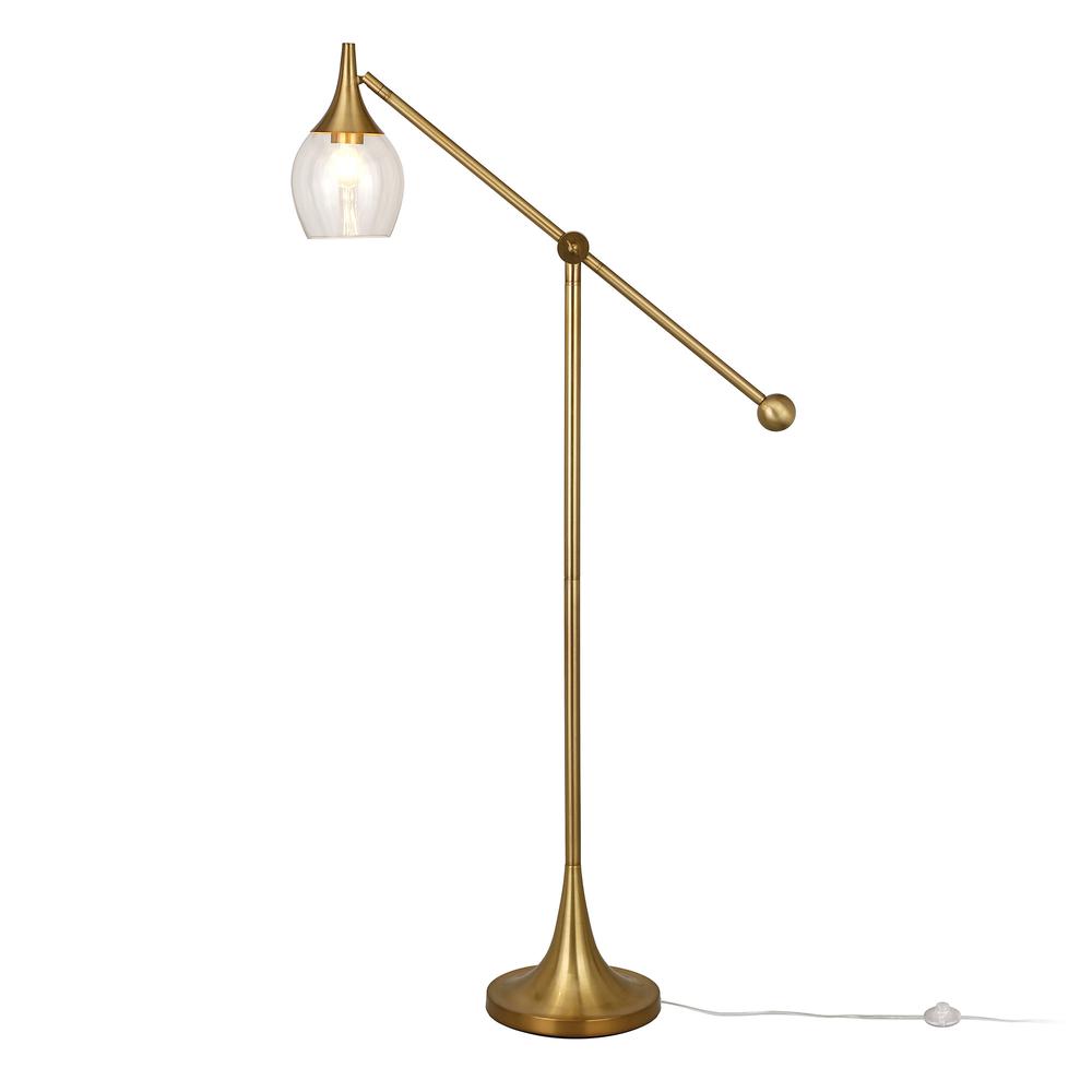 59" Brass Reading Floor Lamp With Clear Transparent Glass Empire Shade. Picture 2