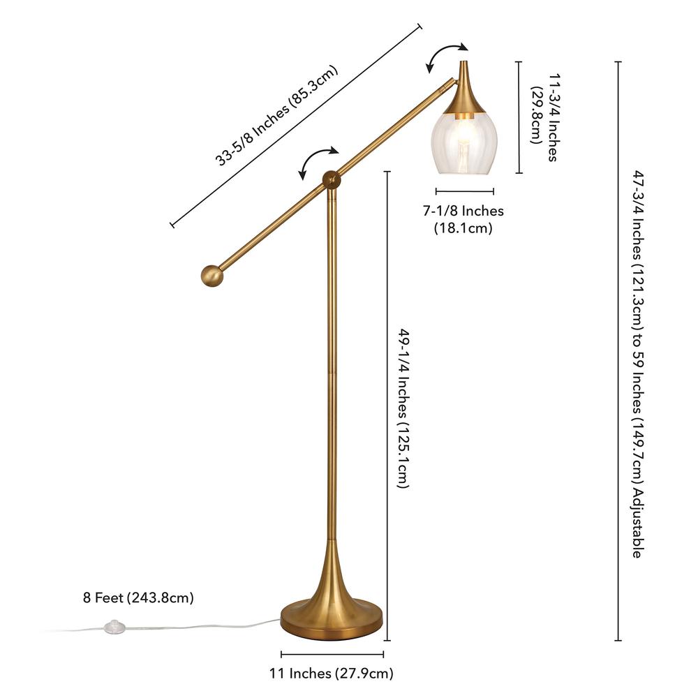 59" Brass Reading Floor Lamp With Clear Transparent Glass Empire Shade. Picture 8