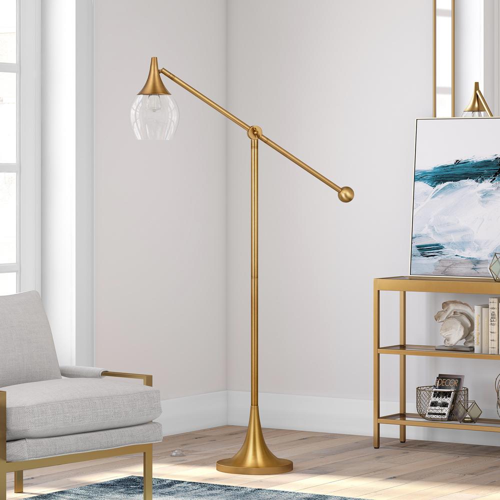 59" Brass Reading Floor Lamp With Clear Transparent Glass Empire Shade. Picture 6