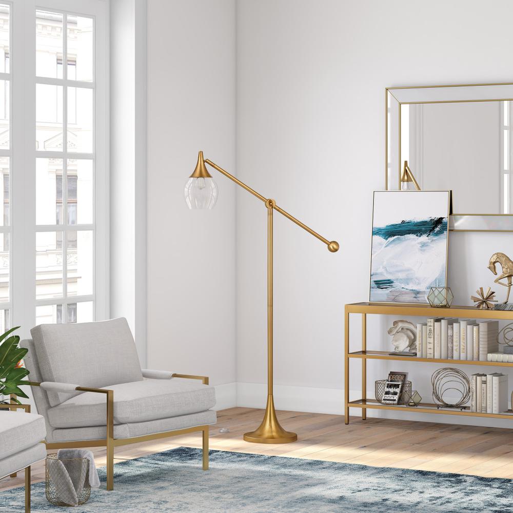 59" Brass Reading Floor Lamp With Clear Transparent Glass Empire Shade. Picture 7