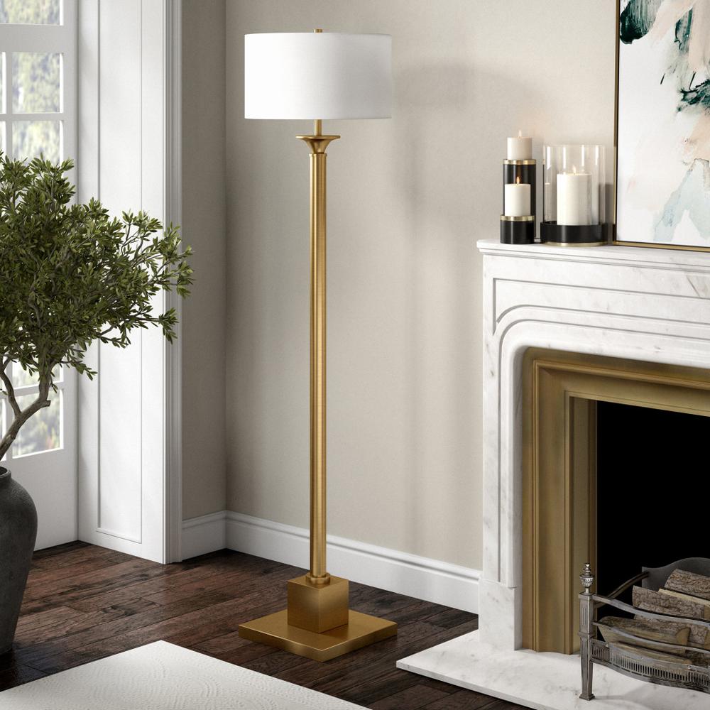 65" Brass Traditional Shaped Floor Lamp With White Frosted Glass Drum Shade. Picture 5