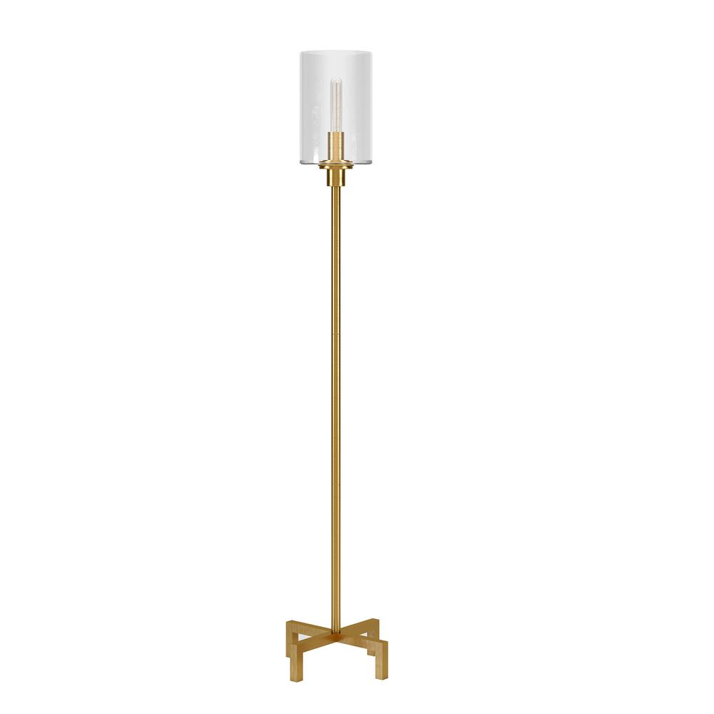 66" Brass Torchiere Floor Lamp With Clear Transparent Glass Drum Shade. Picture 1