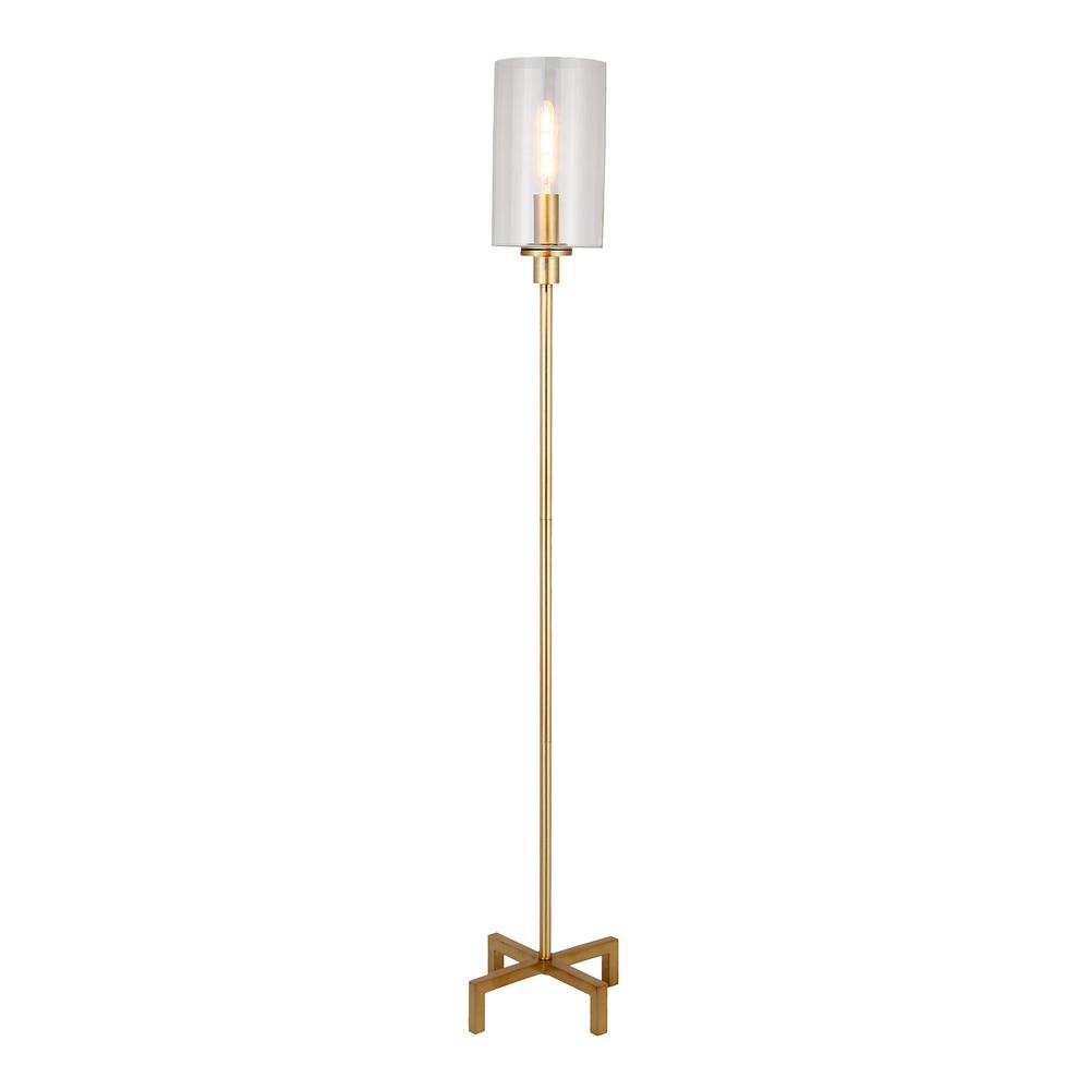 66" Brass Torchiere Floor Lamp With Clear Transparent Glass Drum Shade. Picture 2