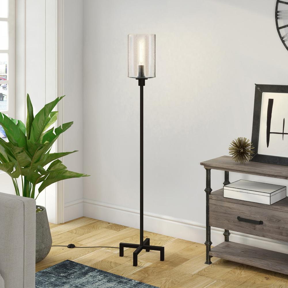 66" Black Torchiere Floor Lamp With Clear Seeded Glass Drum Shade. Picture 6