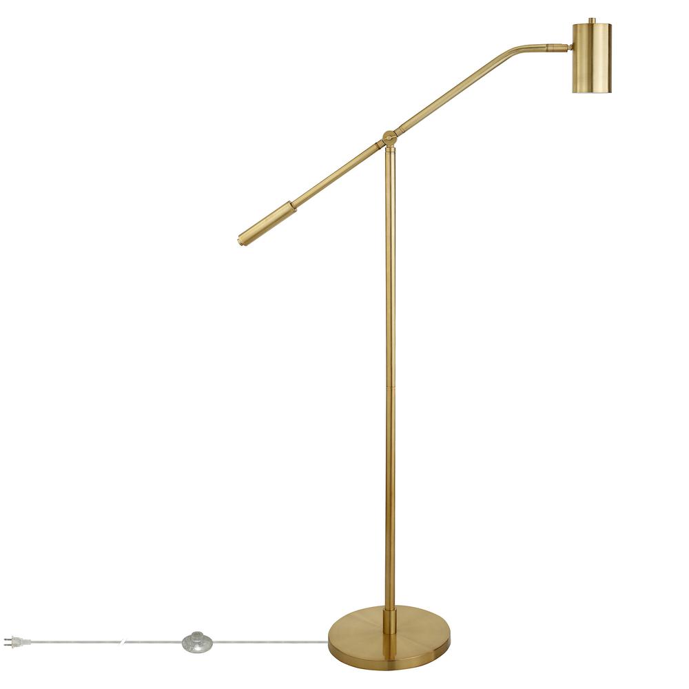 60" Brass Swing Arm Floor Lamp With Brass Drum Shade. Picture 2