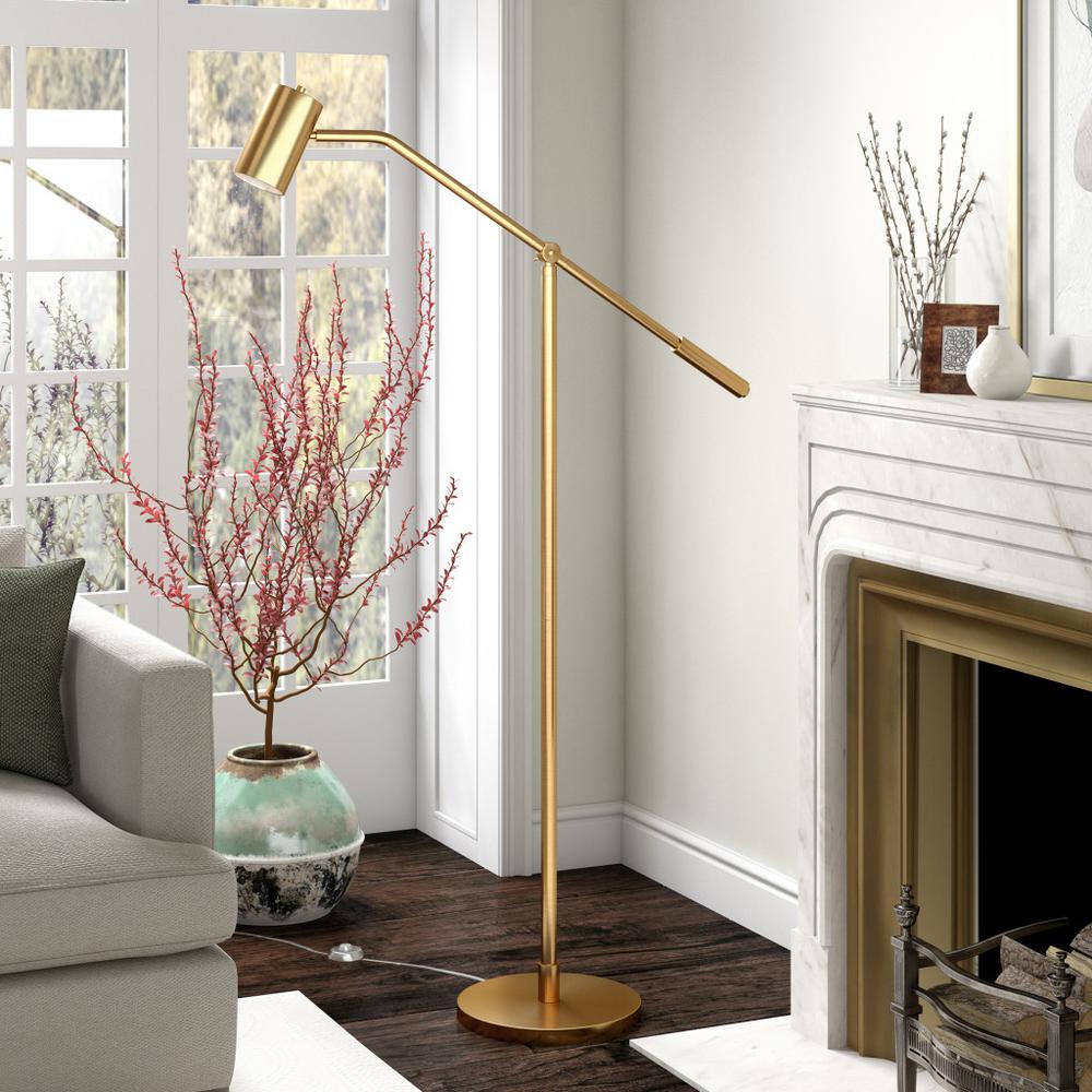 60" Brass Swing Arm Floor Lamp With Brass Drum Shade. Picture 6