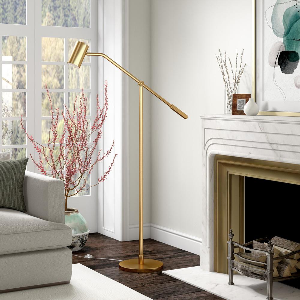 60" Brass Swing Arm Floor Lamp With Brass Drum Shade. Picture 7