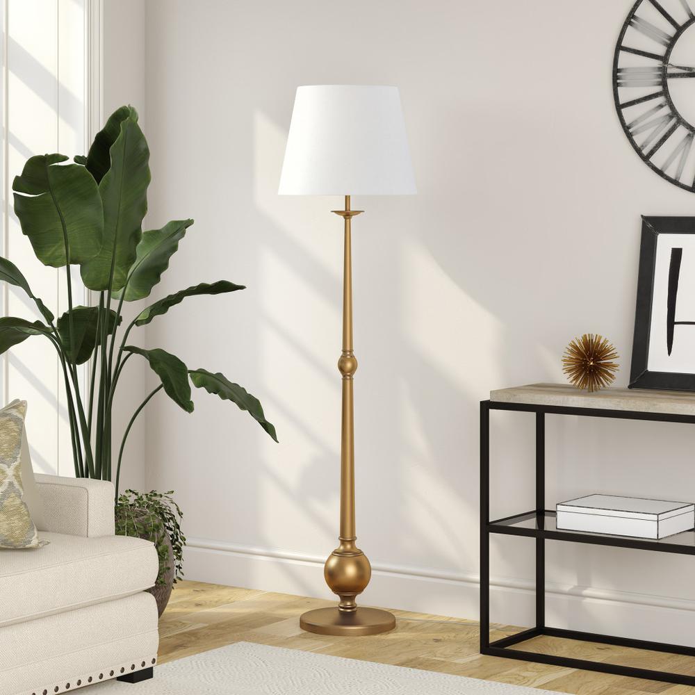 68" Brass Traditional Shaped Floor Lamp With White Frosted Glass Drum Shade. Picture 5