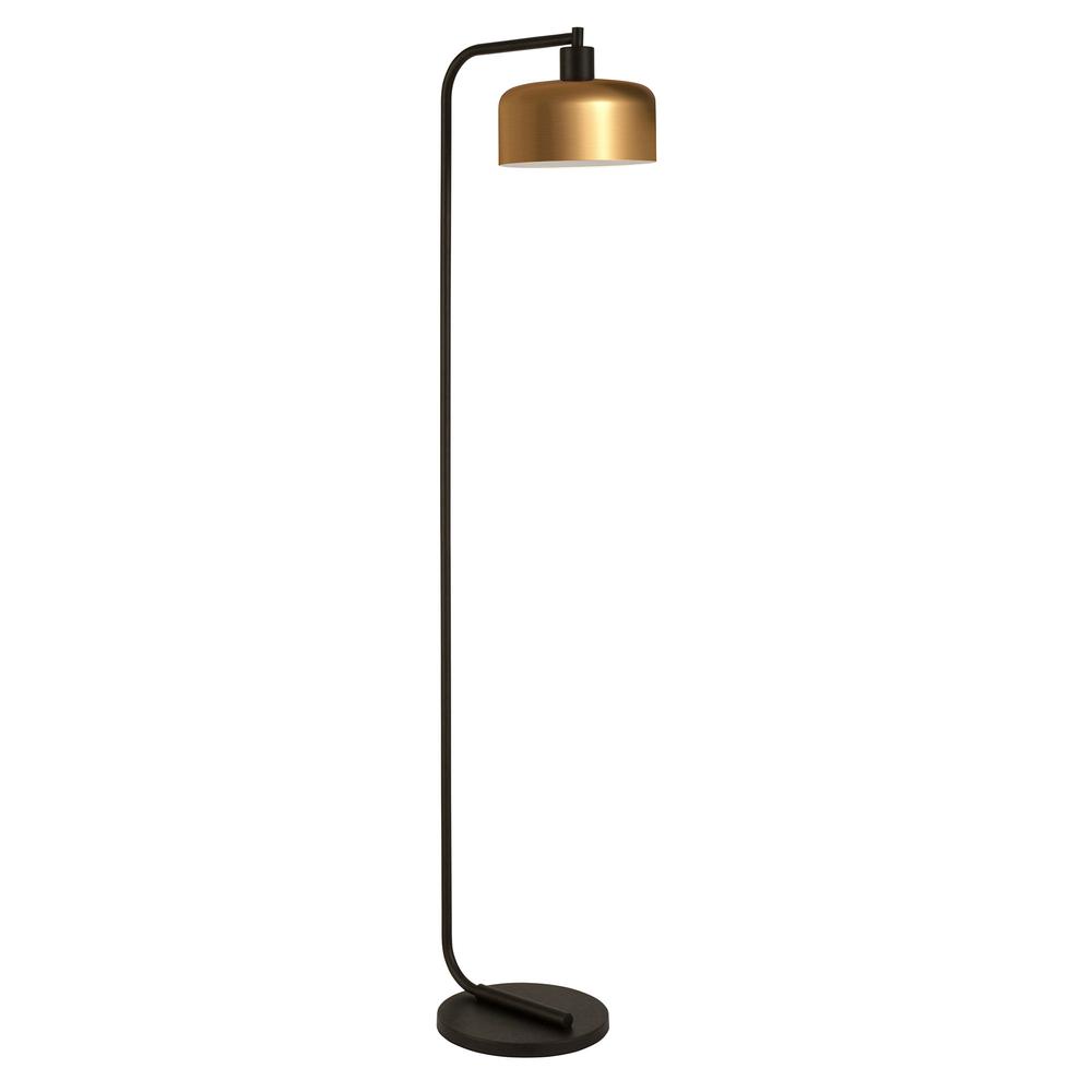 57" Black Arched Floor Lamp With Brass Bell Shade. Picture 1