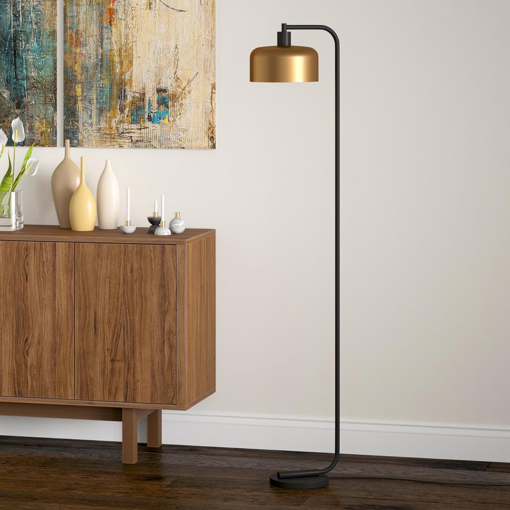57" Black Arched Floor Lamp With Brass Bell Shade. Picture 5