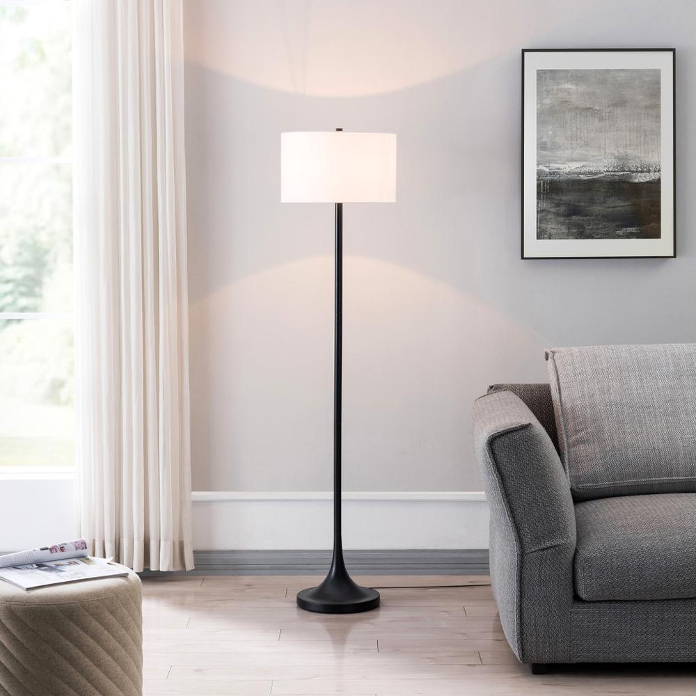 62" Black Traditional Shaped Floor Lamp With White Frosted Glass Drum Shade. Picture 7