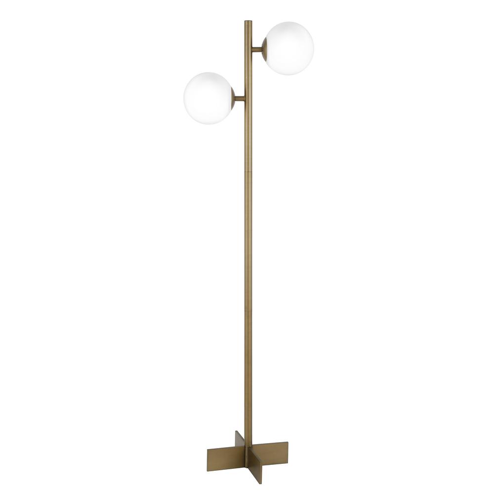 70" Brass Two Light Tree Floor Lamp With White Frosted Glass Globe Shade. Picture 1