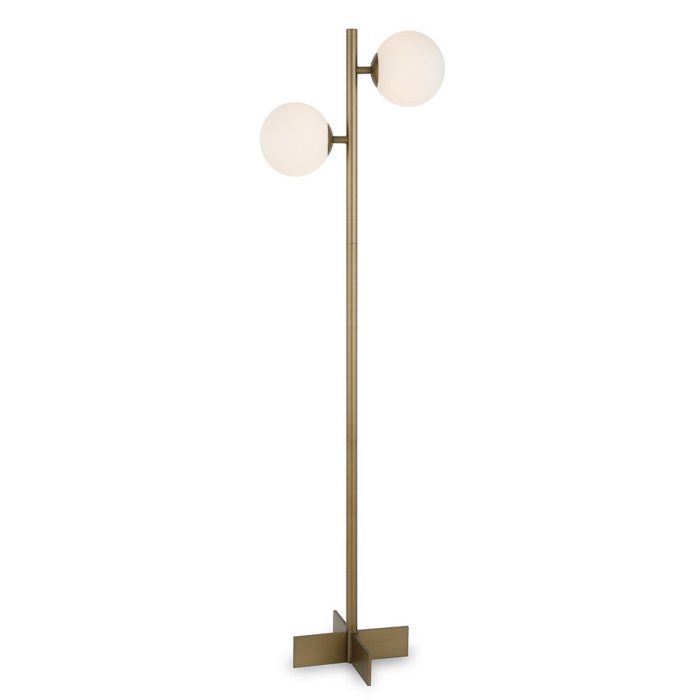 70" Brass Two Light Tree Floor Lamp With White Frosted Glass Globe Shade. Picture 2