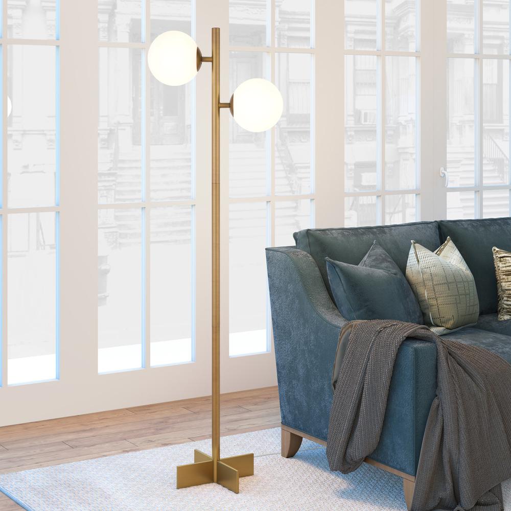 70" Brass Two Light Tree Floor Lamp With White Frosted Glass Globe Shade. Picture 6