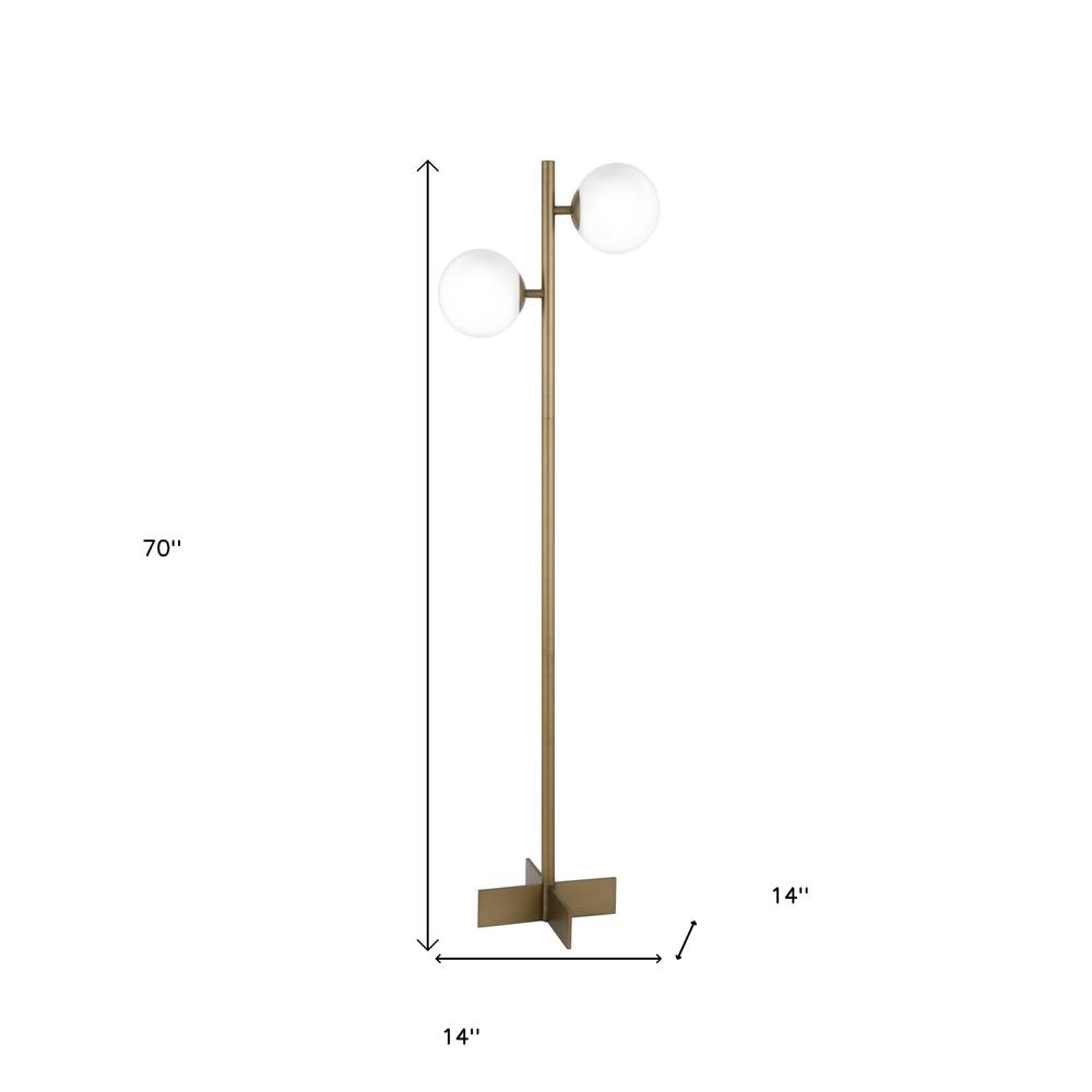 70" Brass Two Light Tree Floor Lamp With White Frosted Glass Globe Shade. Picture 8